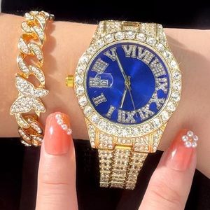 New 2pc Watch + Butterfly Bracelet Miami Cuban Link